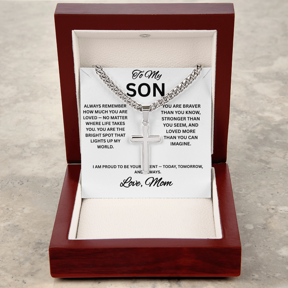 Cross Cuban Link Necklace with Box for Son from Mom, Men's Jewelry gift for him