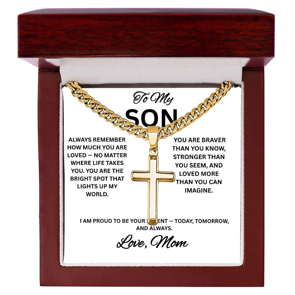 Cross Cuban Link Necklace with Box for Son from Mom, Men's Jewelry gift for him