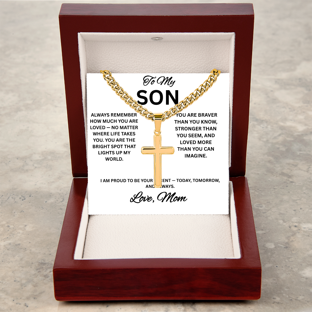 Cross Cuban Link Necklace with Box for Son from Mom, Men's Jewelry gift for him