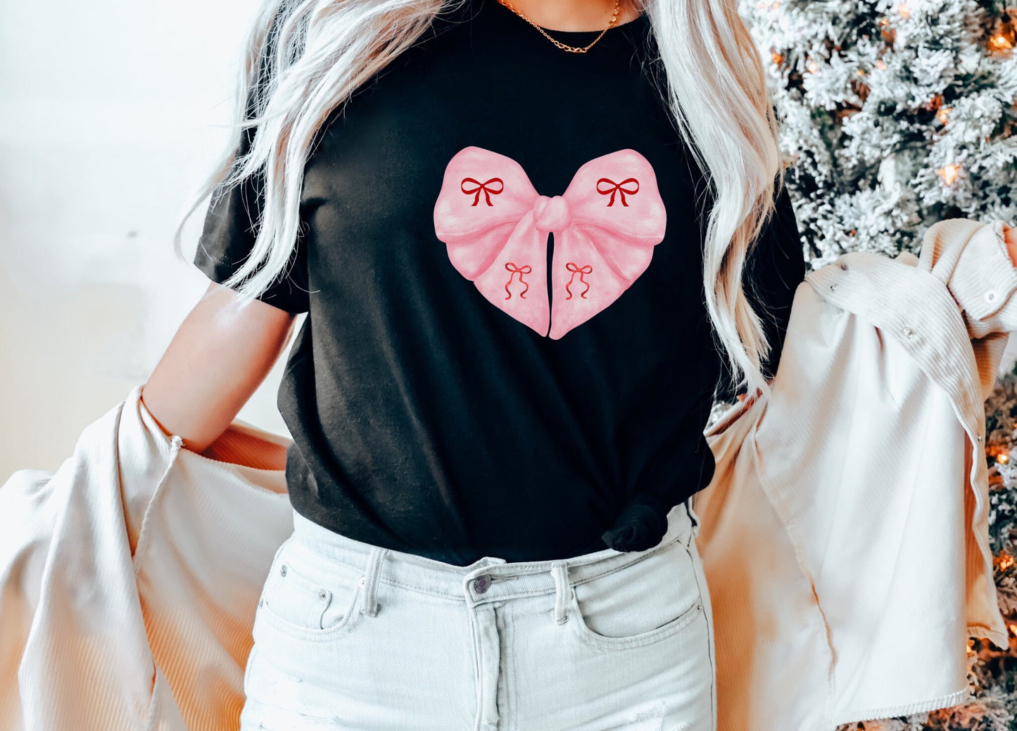 Pink Bow Heart Coquette Tshirt, Summer Casual Graphic Tees for women in Soft Girl Era