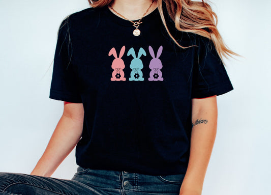 Three Bunnies Easter Tshirt, Bunny Rabbit Graphic T-Shirt Gift for Her or Him