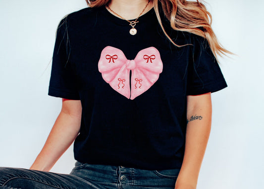 Pink Bow Heart Coquette Tshirt, Summer Casual Graphic Tees for women in Soft Girl Era