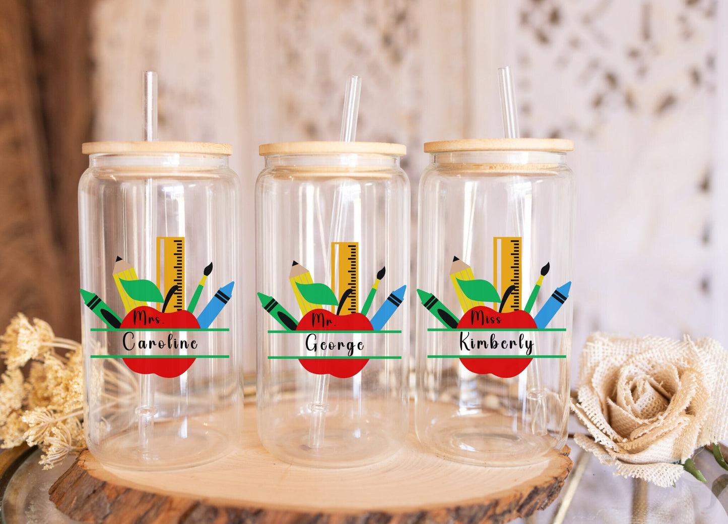 Personalised Teacher Tumbler Custom Name Appreciation Gift 16oz Glass Tumbler for Teacher Gifts from Student Teacher Cup With Lid and Straw