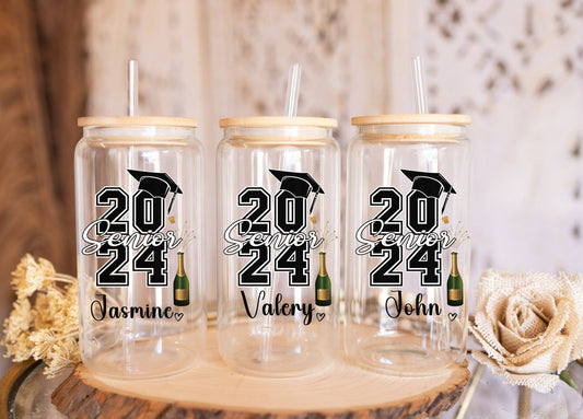 Personalised  Custom Name Grad Gift Glass Tumbler 16oz Senior Class of 2024 Graduation Tumbler Gift for College High School grad party