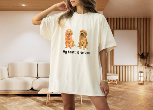 Golden Retriever Shirt Gift, My Heart is Golden Dog Lover Gift for Mom, Dog Owner Crewneck Cottagecore T-shirt Gift for Dog Owner