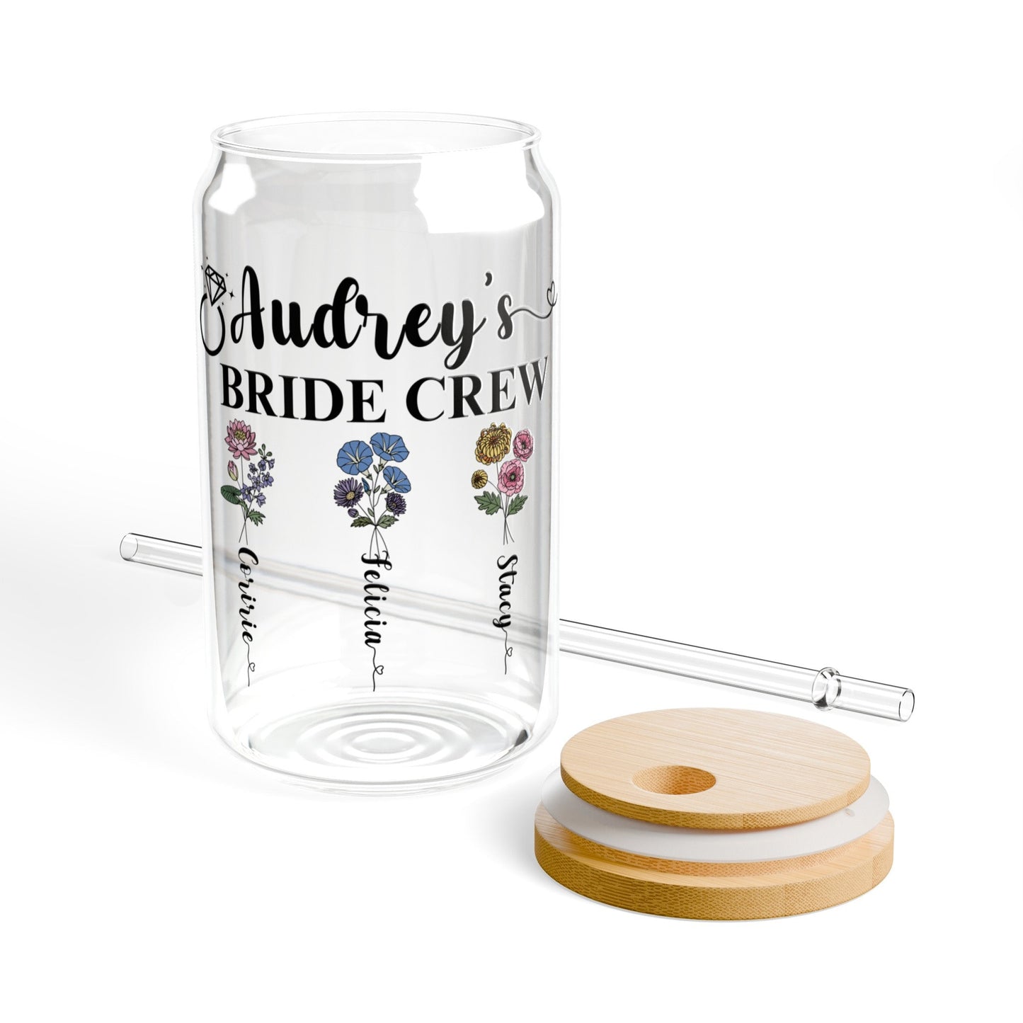 Personalized  Birth Month Flower Tumbler 16oz Bridesmaid Proposal Gift Tumbler Iced Coffee Cup Custom Glass Cup with Straw for Bridal Party