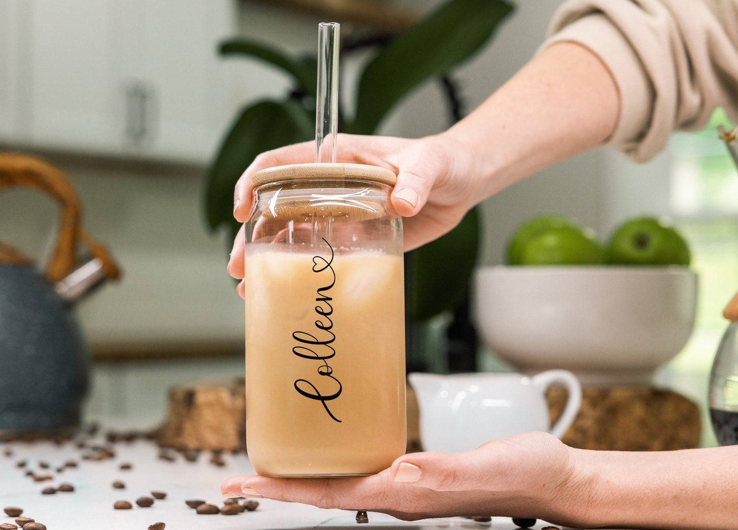 Personalized Iced Coffee Cup 16oz Custom Name Glass Tumbler Birthday Bridesmaid Proposal Gift Glass Can with Lid and Straw Friend Tumbler