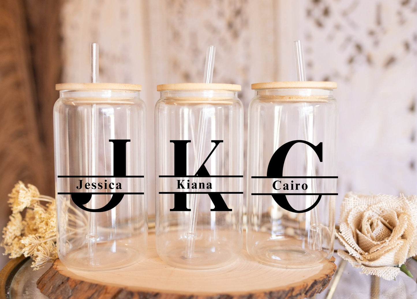 Personalized Custom Name Glass Tumbler With Lid and Straw 16oz Bridesmaid proposal Bridal Party Gifts Corporate Teacher Appreciation Gifts