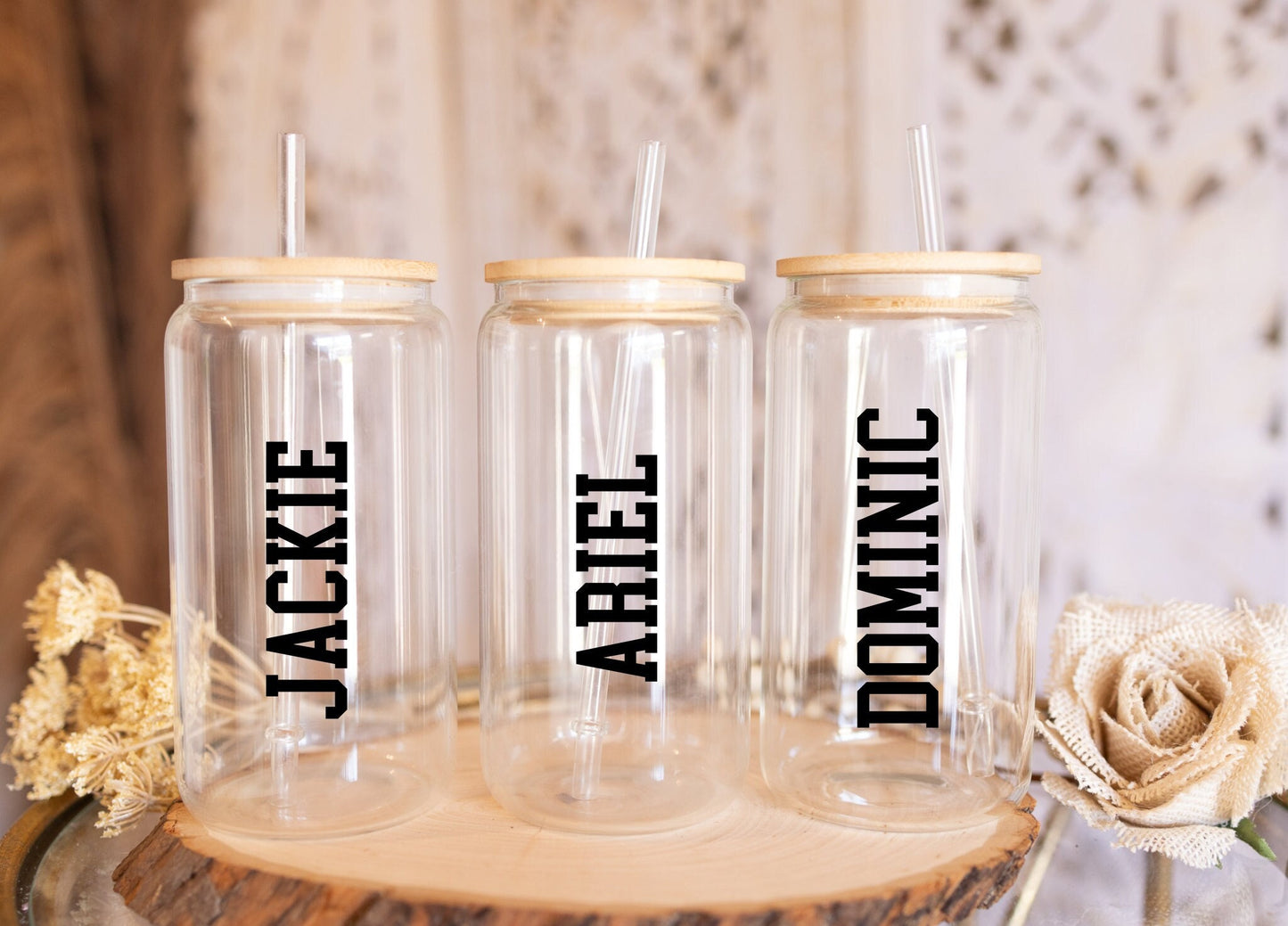 Custom Name Glass Tumbler 16oz Boho Aesthetics Personalized Bridesmaid gifts, Bridesmaid Proposal, Personalized Tumbler with Lid and Straw