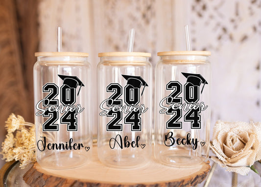 Custom Name Senior Grad Gift Glass Tumbler 16oz Personalised Class of 2024 Graduation Tumbler Gift for College High School grad party gifts