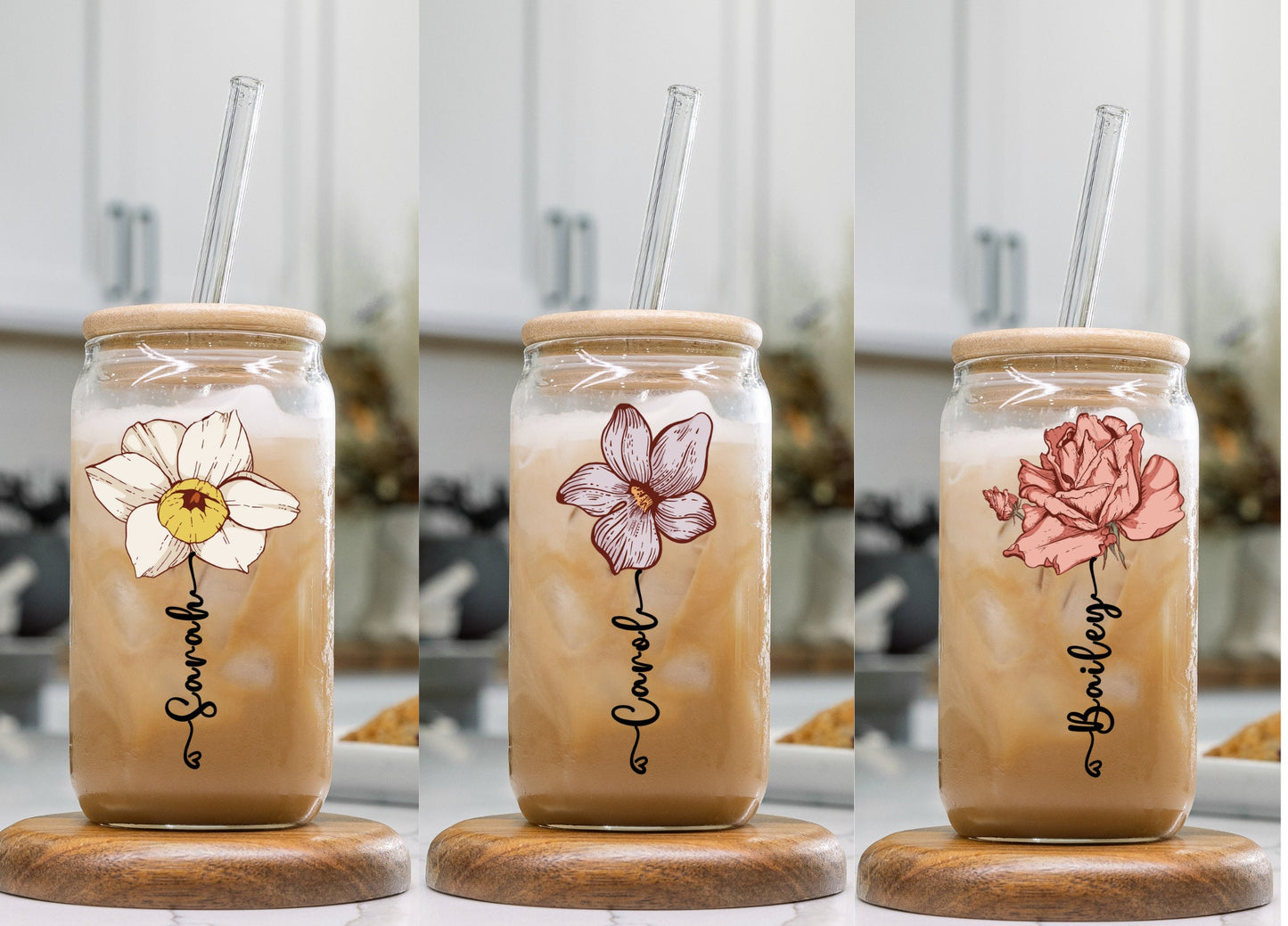 Personalized Birth Flower Tumbler Gift for Best friend Custom Name Glass Cup Iced Coffee Cup Bridesmaid Proposal Gift for Her, Birthday Gift