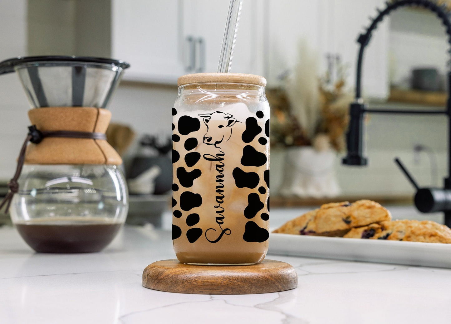 Personalized Cow Tumbler, Cow Print Glass Beer Can, Best friend Birthday Iced Coffee Cup Tumbler With Straw, Custom Gift for Animal Lover