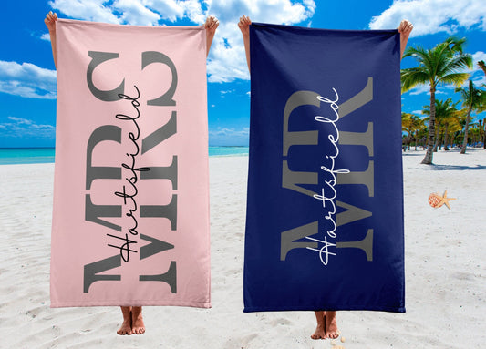 Personalized Mr. and Mrs. Beach Towel, His and Hers Custom Gift, Couple Newlywed Gift, Just Married Wedding Bride Groom Gift, Honeymoon Gift