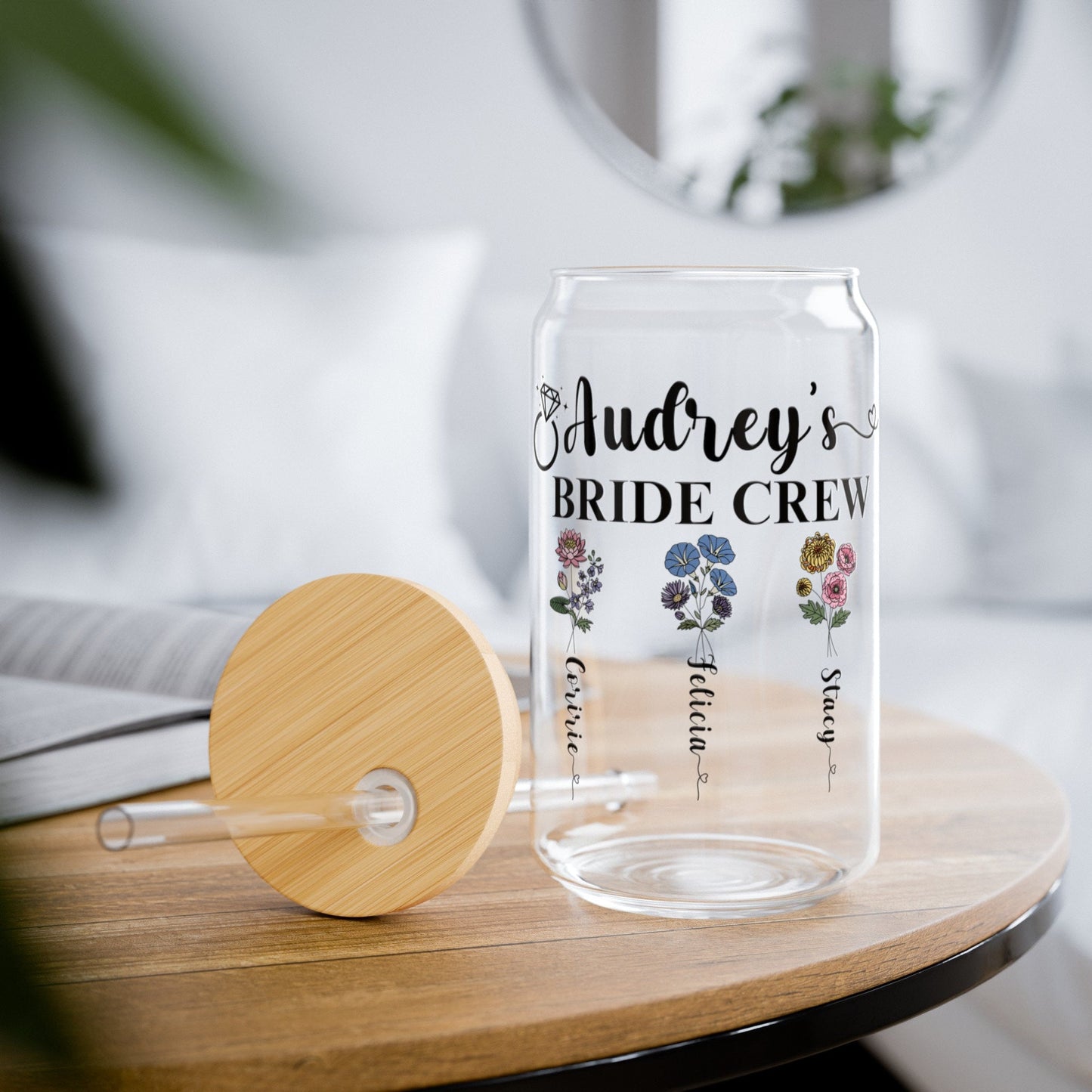 Personalized  Birth Month Flower Tumbler 16oz Bridesmaid Proposal Gift Tumbler Iced Coffee Cup Custom Glass Cup with Straw for Bridal Party