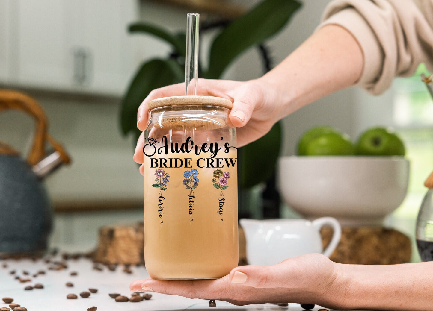 Personalized  Birth Month Flower Tumbler 16oz Bridesmaid Proposal Gift Tumbler Iced Coffee Cup Custom Glass Cup with Straw for Bridal Party