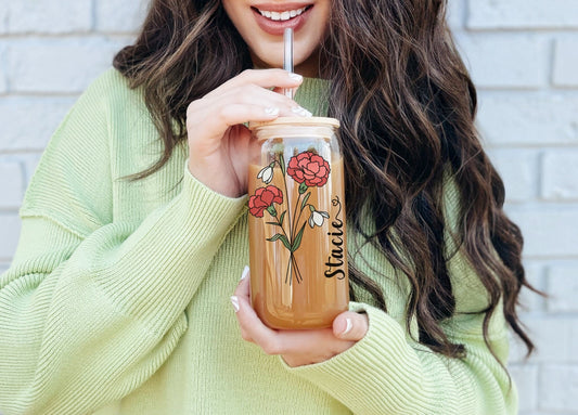 Personalized Birth Flower 16oz Tumbler With Name Custom Name Birth Flower Coffee Cup Tumbler Bridesmaid Proposal Birthday Gift Glass Mug