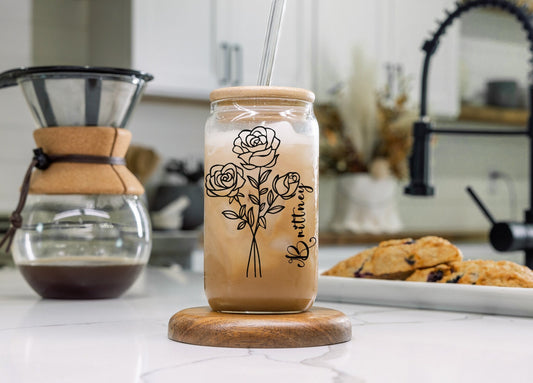 Custom Birth Flower Coffee Cup With Name 16oz Personalized Birth Flower Tumbler Gifts Bridesmaid Proposal Party Favor Glass Mug for Her