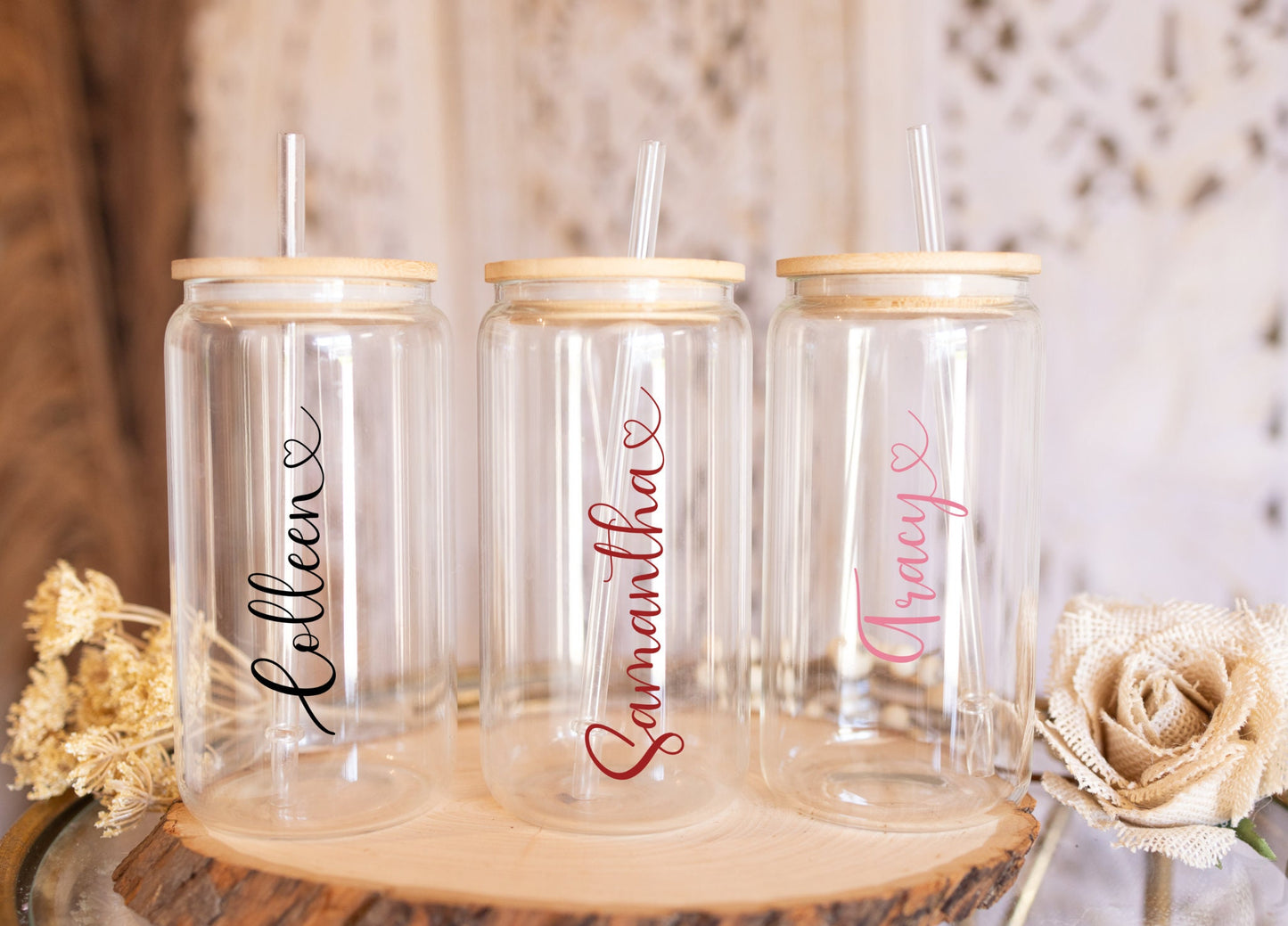 Personalized Iced Coffee Cup 16oz Custom Name Glass Tumbler Birthday Bridesmaid Proposal Gift Glass Can with Lid and Straw Friend Tumbler