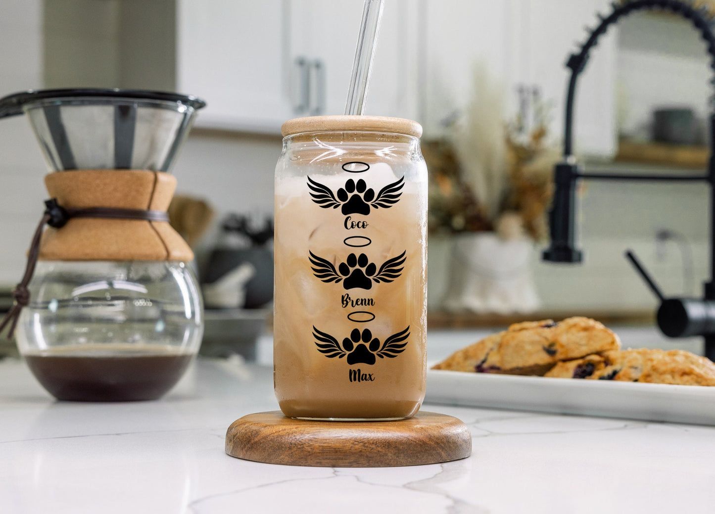 Personalized Dog Memorial Glass Cup Custom Name Dog Paw Iced Coffee Glass Tumbler with straw Pet Loss Gift for Dog Mom Pet owner Tumbler 16o