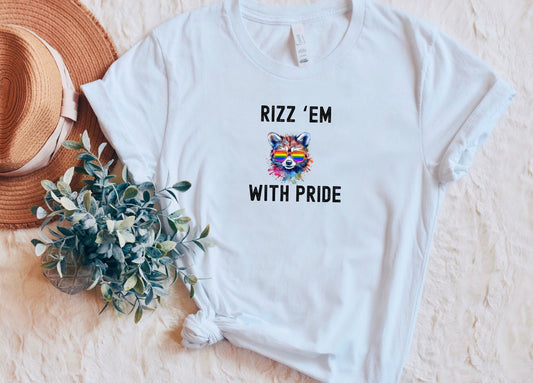 Rizz 'em with pride T-Shirt, Unisex Pride Shirt, LGBTQ Funny Raccoon Tshirt, Funny Pride Shirt, Equality Gay Rights Shirt, Pride gift