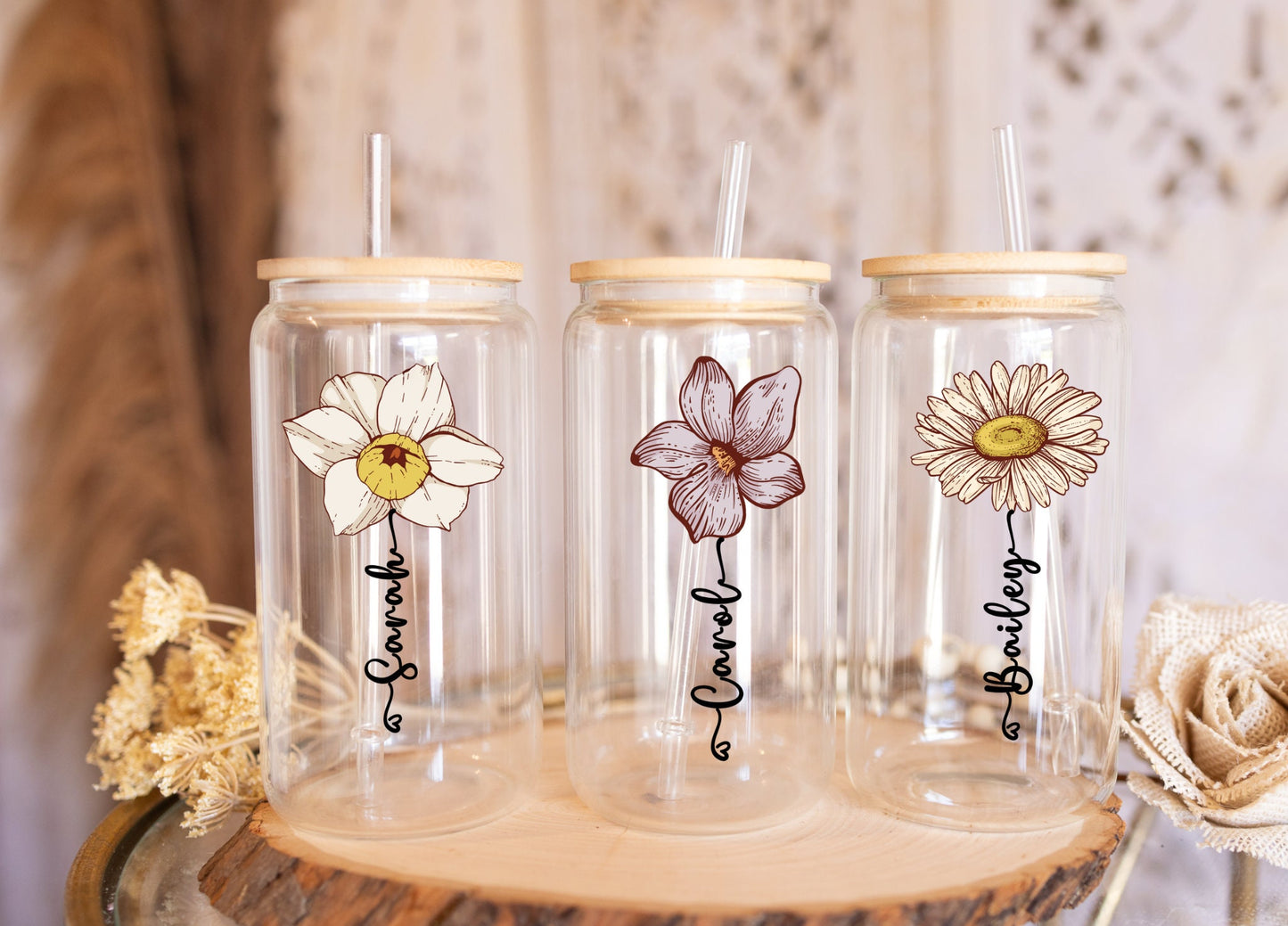 Personalized Birth Flower Tumbler Gift for Best friend Custom Name Glass Cup Iced Coffee Cup Bridesmaid Proposal Gift for Her, Birthday Gift