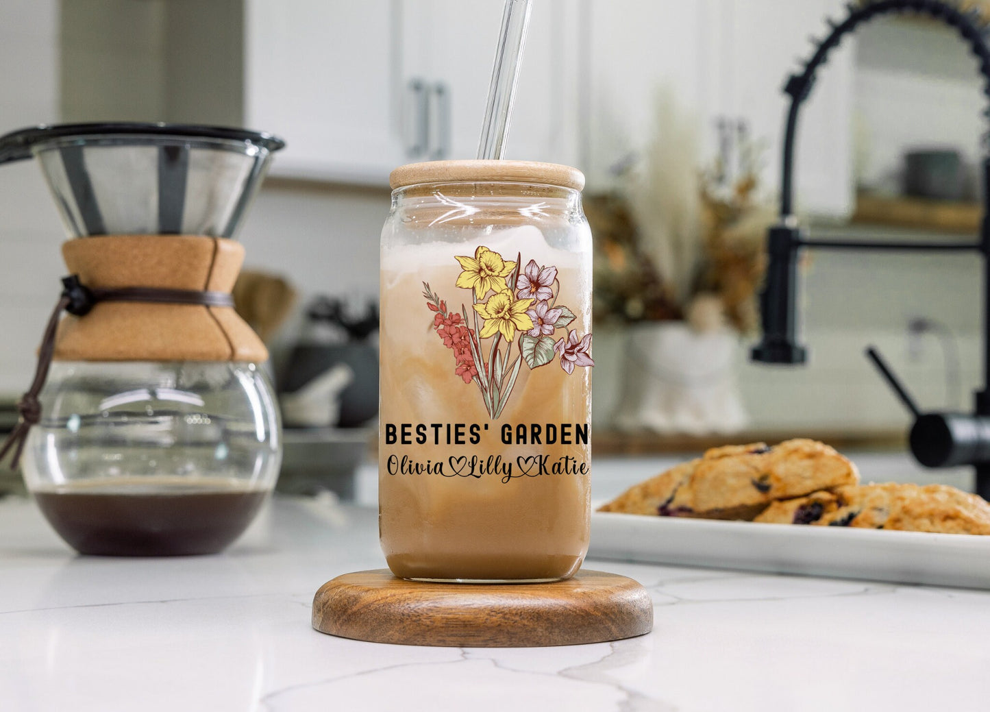 Custom Best Friend Tumbler, Personalized Birth Flower Tumbler, Custom Name Glass Cup, Iced Coffee Cup Gift For Best Friend Friendship Gift