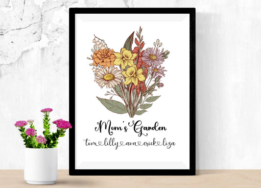 Custom Birth Flower Bouquet Wall Art,Birth Month Flower Art, Birthday Gift for Mom, Grandma Birth Flower Bouquet, Personalized Family Gift