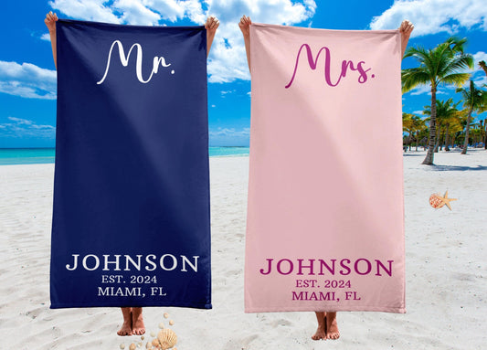 Custom Newlywed Towel, Honeymoon Couple Beach Towel, Personalized Mr. Mrs. Bath Towels,Matching Bride Groom Beach Towels,Wedding Gift Couple