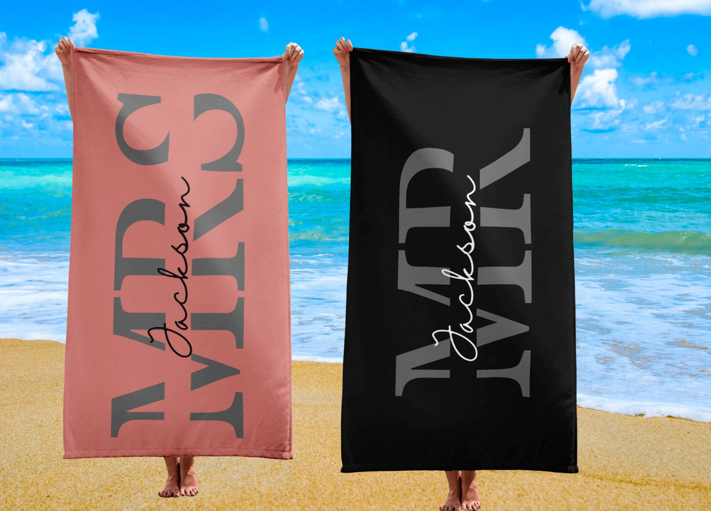 Personalized Mr. and Mrs. Beach Towel, His and Hers Custom Gift, Couple Newlywed Gift, Just Married Wedding Bride Groom Gift, Honeymoon Gift