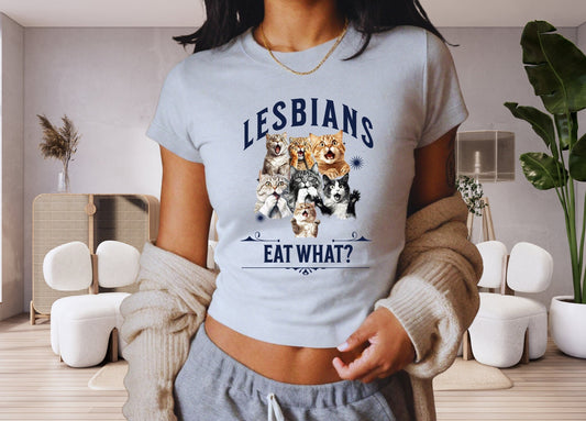 Funny Lesbian Shirt, Y2K Baby Tee, Lesbians Eat What Pride Gift, LGBTQ Funny Cat Shirt, Queer Tshirt, 90s Aesthetic Crop Top, 2000s Tee