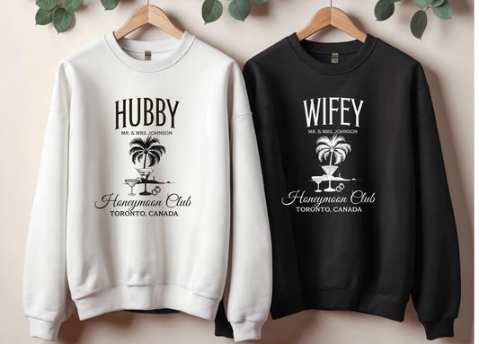 Personalized Wifey & Hubby Sweatshirt, Newlywed Mr Mrs Gift, Custom Honeymoon Outfit, Wedding Bride  Groom Gift, Husband Wife Matching shirt