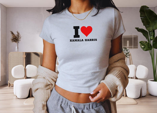 I Love Kamala Harris Baby Tee, I Heart Crop Top, y2k aesthetic Harris 2024 shirt, comma la y2k baby tee gift for her, election I heart shirt