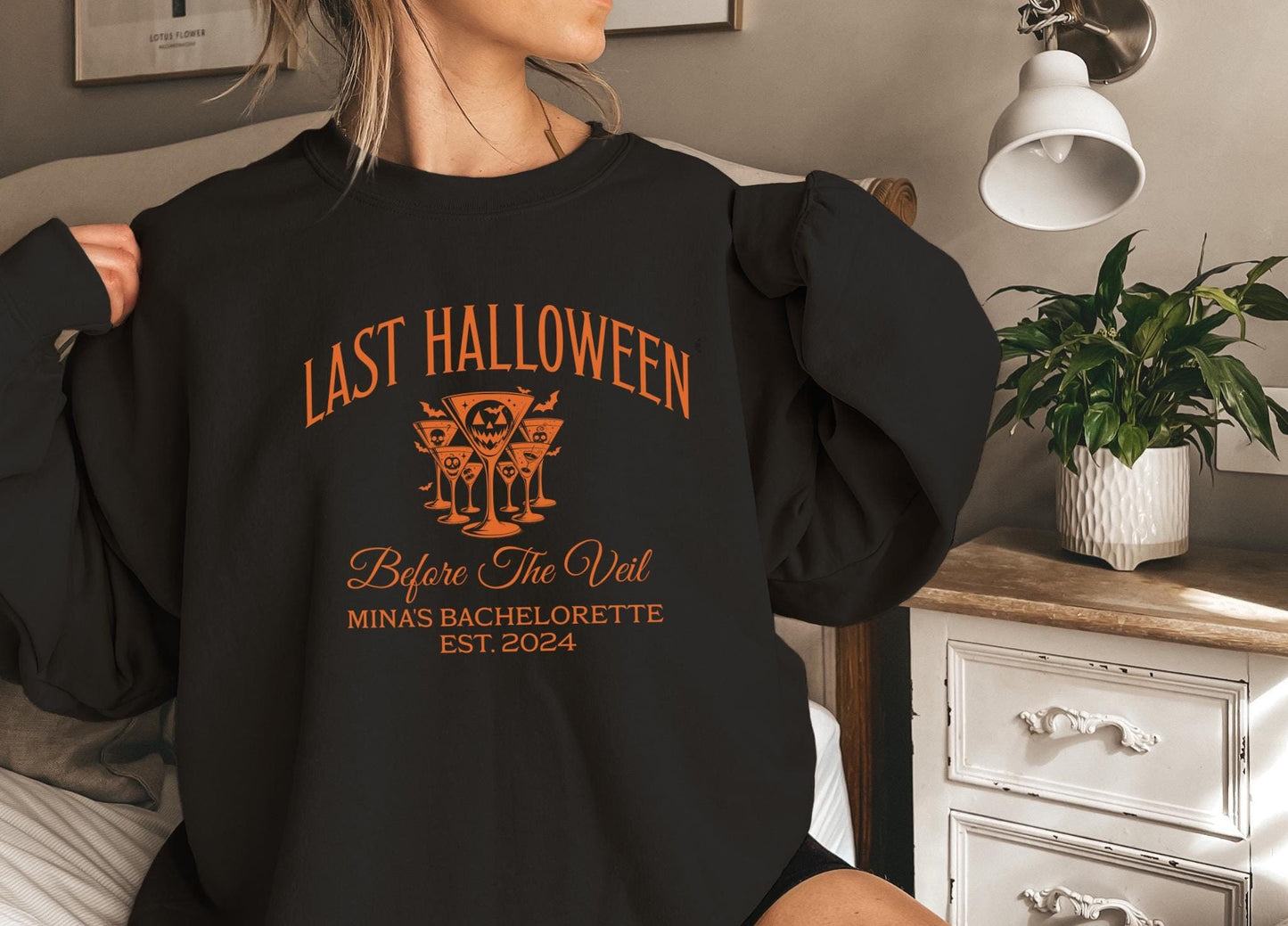 Personalized Halloween Bachelorette Sweatshirt, Last Halloween Before the Veil, Pumpkin Spooky Bachelorette Shirts, Fall Winter Wedding Gift