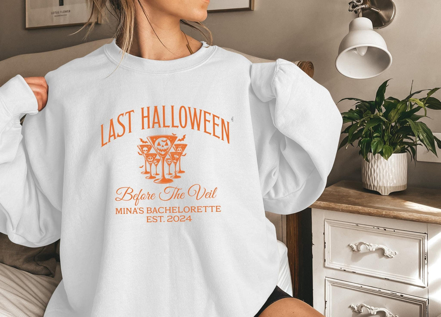 Personalized Halloween Bachelorette Sweatshirt, Last Halloween Before the Veil, Pumpkin Spooky Bachelorette Shirts, Fall Winter Wedding Gift