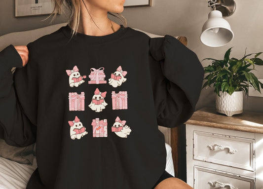 Cute Ghosts Reading books Sweatshirt, Coquette sweatshirt for Book lovers, Pink Bow Sweatshirt Women, Halloween Bookish Sweatshirt Teacher