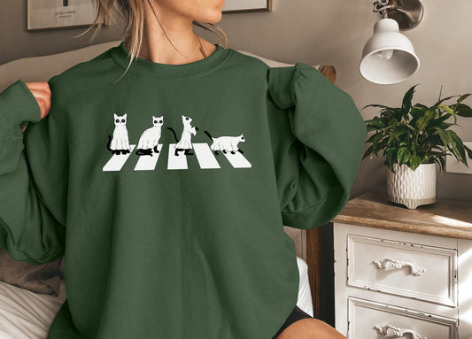 Black cats ghosts sweatshirt spooky,Funny Halloween shirt women, spooky ghost halloween party gift, trick or treat cute fall tee