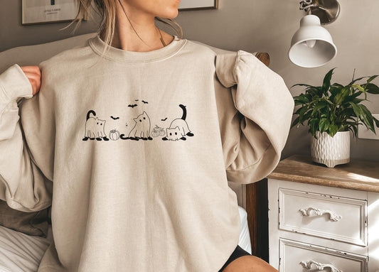 Cats ghosts sweatshirt Halloween,Funny Halloween shirt women, spooky ghost halloween party gift, trick or treat cute fall tee