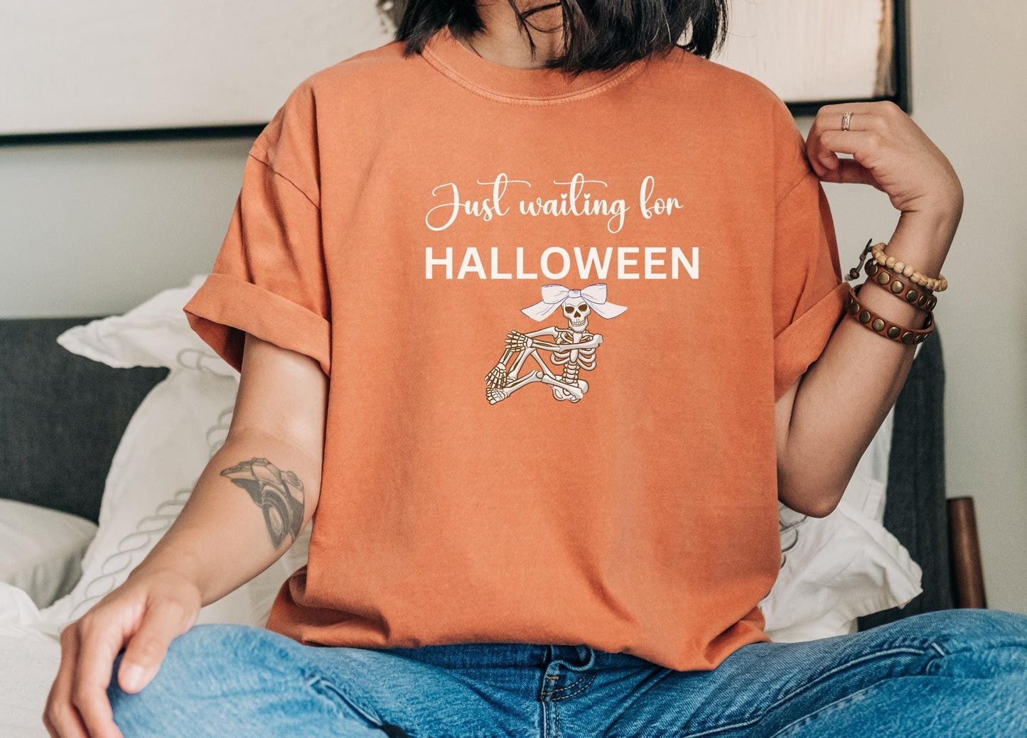 Comfort colors Skeleton Halloween Shirt, Funny Skeleton Tshirt gift, Coquette Bow Halloween Tee, Just waiting for Halloween Fall Shirt