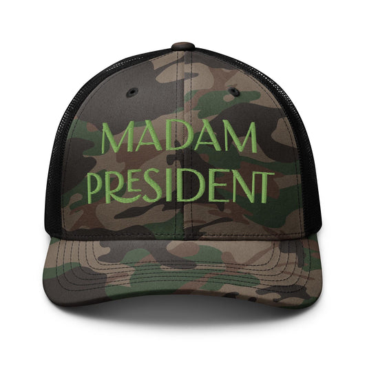 Madam president camo hat, embroidered harris hat, camo harris walz hat, we are not going back rally hat, for kamala hat