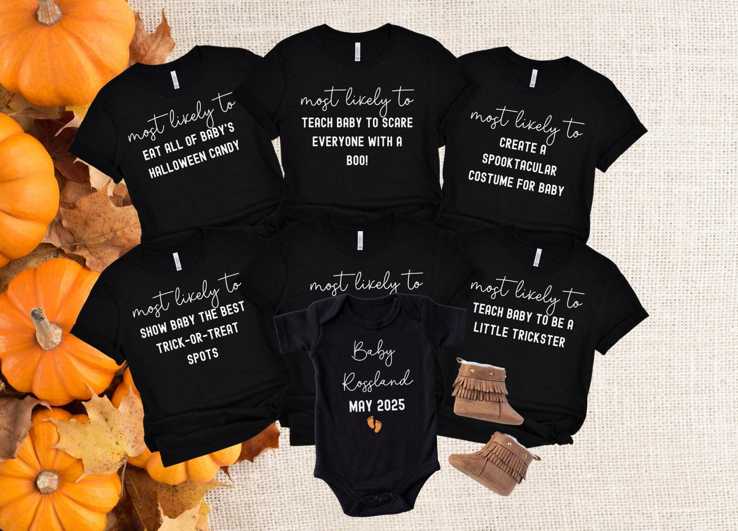 Personalized Halloween Baby Announcement Shirt, Pregnancy announcement surprise shirt, Baby coming soon family matching most likely to shirt