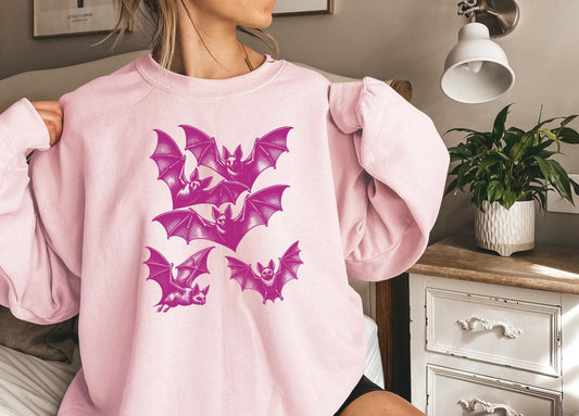 Spooky Pink Halloween Bats Sweatshirt,Funny Halloween shirt women, spooky ghost halloween party gift, trick or treat cute fall tee