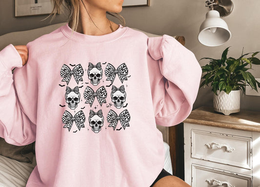 Coquette Halloween Sweatshirt, Skull Bow Funny Halloween gift women, spooky ghost halloween party gift, trick or treat cute fall tee