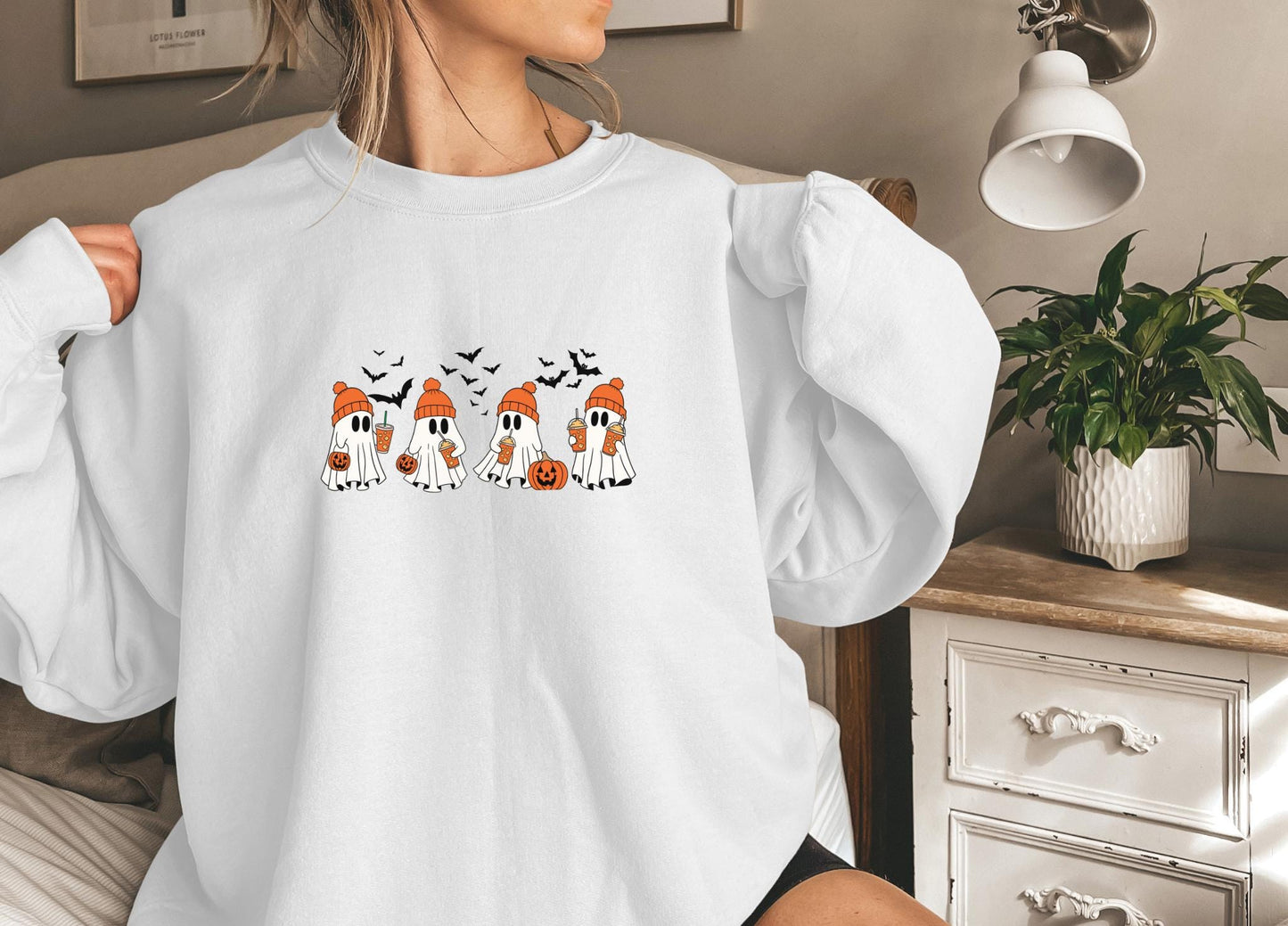 Cute Ghosts Pumpkin Sweatshirt Halloween,Funny Halloween shirt women, spooky ghost halloween party gift, trick or treat cute fall tee