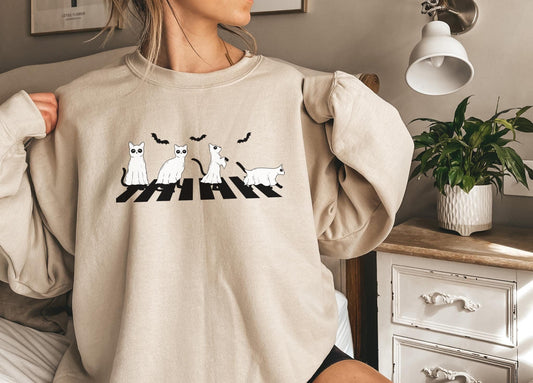 Halloween ghosts black cats sweatshirt,Funny Halloween shirt women, spooky ghost halloween party gift, trick or treat cute fall tee