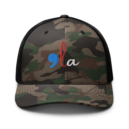 Comma La Camouflage trucker hat, Camo hat harris walz, madam president trucker hat, we are not going back campaign hat