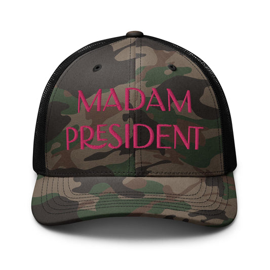 Embroidered camo hat Harris, Walz 2024 Hat, Madam President democrat gift, vote blue trucker hat, for Kamala Harris hat rally