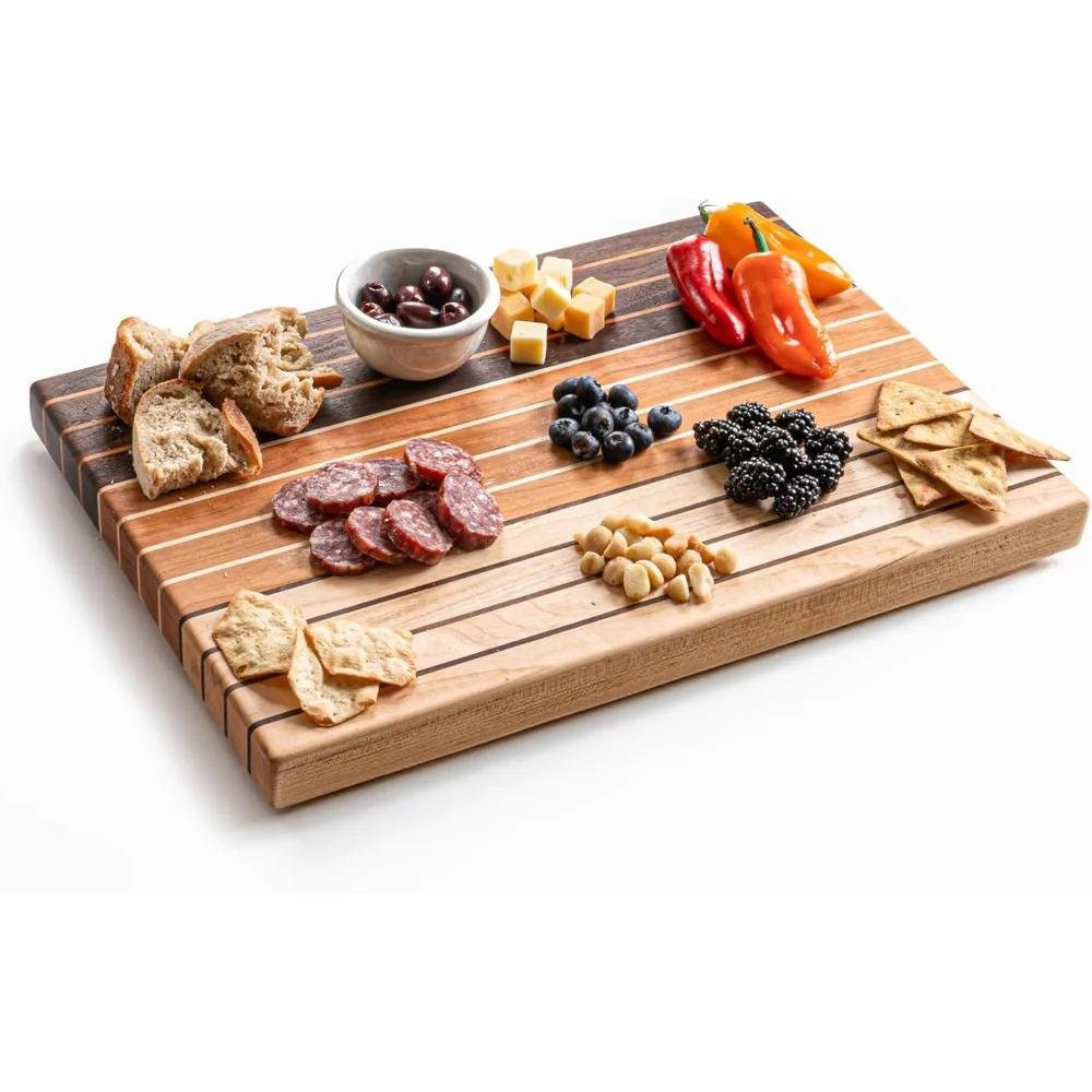 17" X 12" Gradient Wooden Charcuterie Board, Cheese Board gift for mom, Striped Hardwood Cutting Board w/Solid Walnut, Cherry & Maple board