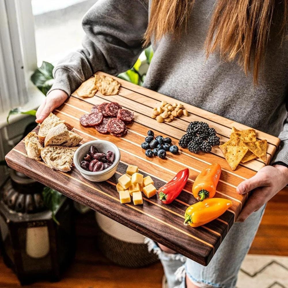 17" X 12" Gradient Wooden Charcuterie Board, Cheese Board gift for mom, Striped Hardwood Cutting Board w/Solid Walnut, Cherry & Maple board