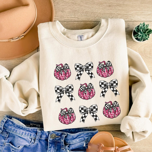 Pink halloween sweatshirt, Cute bow pumpkin sweatshirt, fall season sweater gift for her, coquette bow sweatshirt