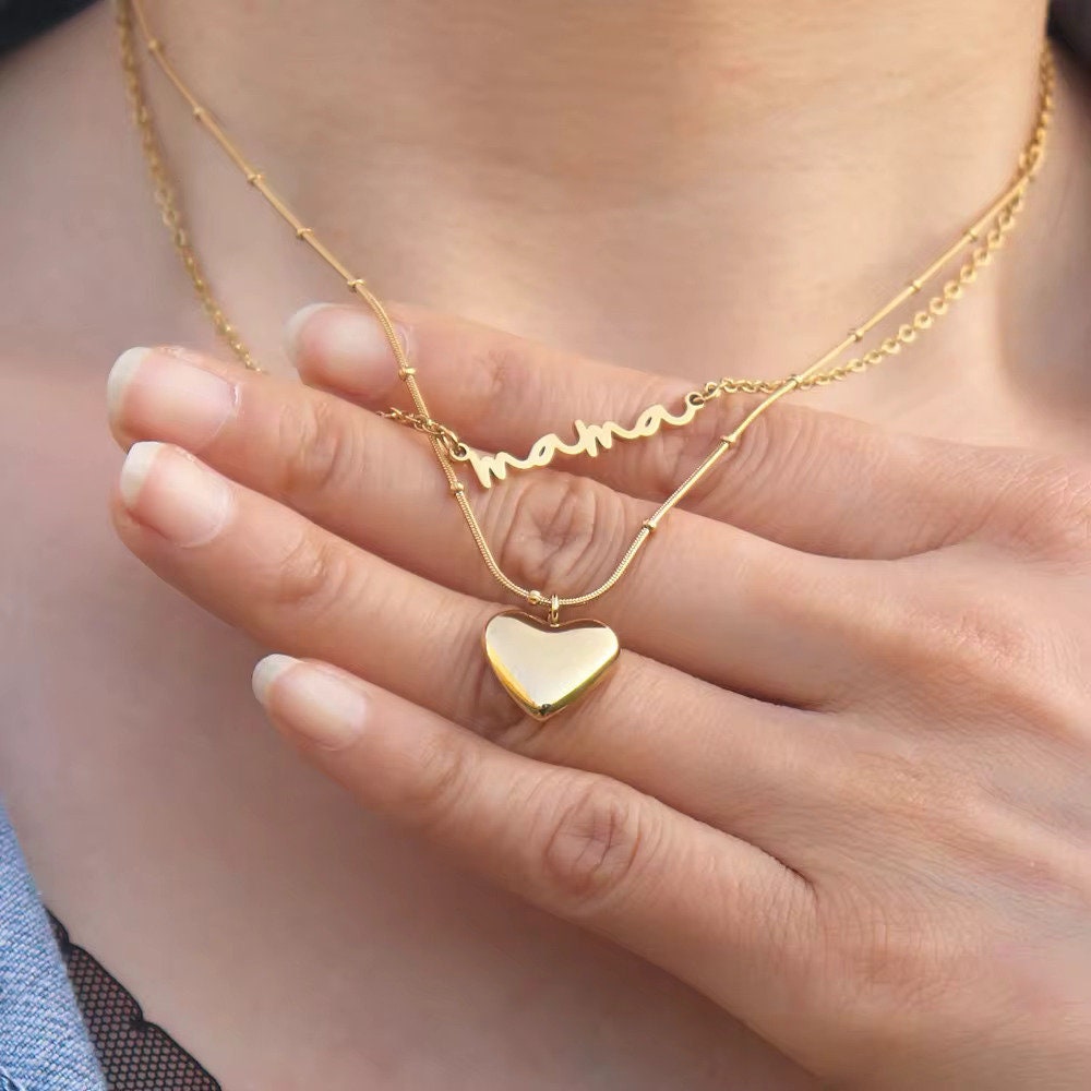 Mama necklace, Layered  necklace gift for mom, heart pendant necklaces for women, necklace for mom, stacked mama necklace birthday